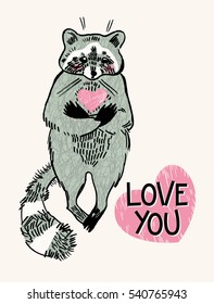 Vector illustration with inky textures in vintage style for Valentine's day. The postcard with lovely raccoon and heart with lettering "love you".
