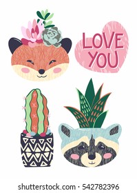 Vector illustration with inky textures in vintage style for Valentine's day. The postcard with succulents in lovely flower pots
