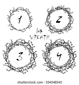 Vector illustration of inky wreath of twigs. Set of frames and numbers. Hand drawn elements for greeting cards, posters, invitations, menu, textiles, web design.
