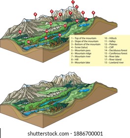 Vector illustration of inland landforms with labels.
Educational diagram showing various inland geographic features like valleys, ridges, plateaus, and mountain peaks — clearly labeled.