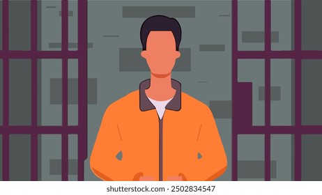 Vector illustration of an inmate in a prison uniform behind bars, ideal for legal, justice, and correctional facility designs, and crime-related concepts