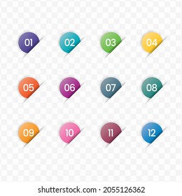 Vector illustration of inner circle number bullet points from one to twelve with a transparent background (PNG).