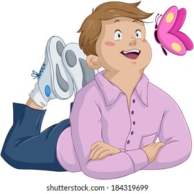 Vector illustration of an innocent boy laying and looking at butterfly. 