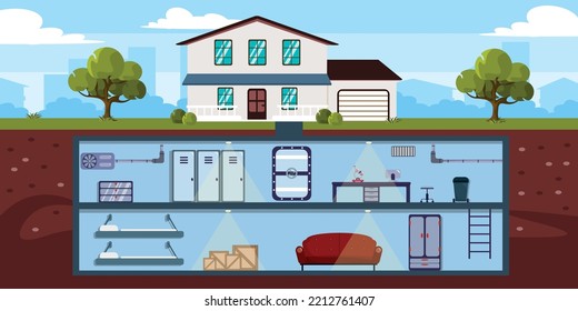 Vector illustration of innovative bunker under the house. Cartoon urban buildings with home with rooms underground to protect against natural disasters and nuclear war with ventilation