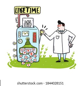 Vector illustration of an innovative  device for producing likes for a photo in a post and a funny scientist. Doodle concept with the label liketime is suitable for social media visualization.