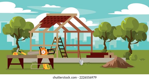 Vector illustration of innovative gazebo construction. Cartoon urban buildings with gazebo construction, construction tools, boards, sand, trees with the city in the background.