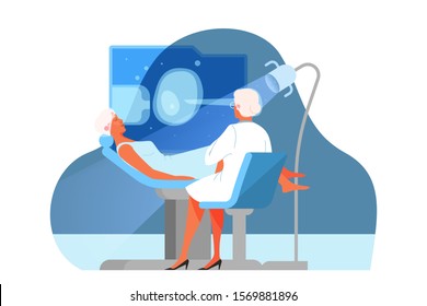 Vector illustration of innovative healthcare. Concept of modern medicine treatment, virtual environment in hospital. Patient using virtual medical technology. An idea of clinic innovation