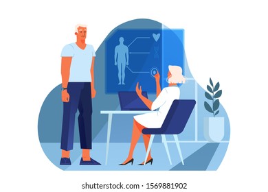 Vector illustration of innovative healthcare. Concept of modern medicine treatment, virtual environment in hospital. Doctor using virtual medical technology. An idea of clinic innovation