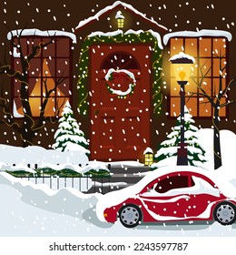 Vector illustration of innovative New Years house. Cartoon urban Christmas building with decorations for christmas and covered with snow, christmas tree, car.