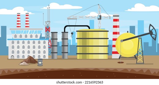 Vector illustration of innovative oil production. Cartoon urban buildings with oil rigs, fuel processing plant, pipes and city in the background.
