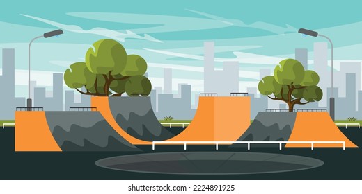 Vector illustration of innovative skate park. Cartoon urban buildings for the entertainment of young people with different jumps, slides and partitions with the city in the background.