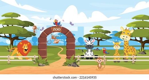 Vector illustration of innovative zoo. Cartoon urban buildings with animals behind the fence, trees, pond, lions, monkeys, zebras, giraffes, parrots and city in the background.