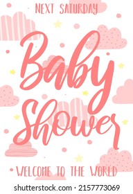 Vector illustration of the inscription Babe Shower on the background of pink clouds and stars. Image for girls. The concept of holidays, birthday, wrappers, prints, clothes, cards, banner, flyer.