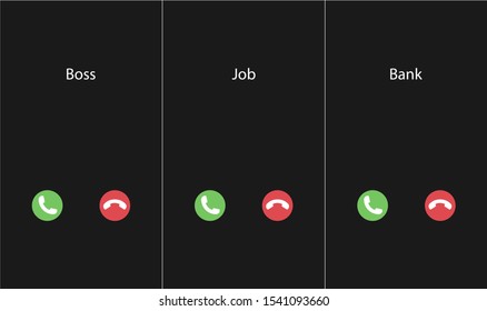 Vector illustration with the inscription: Boss, Job, Bank caller. Phone interface with two icons accept or reject a call
