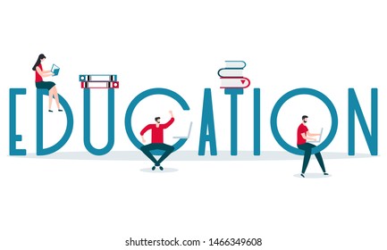 Vector illustration with inscription education, folders, studying people, working on computer, reading books. Background for the learning landing page. Design for web page, presentation, print.