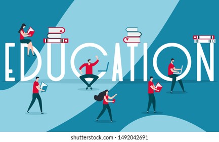 Vector illustration with inscription education, folders, studying people, working on computer, reading books. Background for the learning landing page. Design for web page, presentation, print.