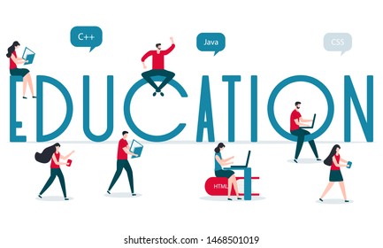 Vector illustration with inscription education, people studying manual, working on computer reading books. Background for the programming landing page. Design for web page, presentation, print.