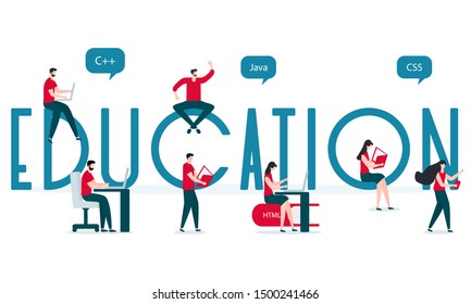 Vector illustration with inscription education, people studying manual, working on computer reading books. Background for the programming landing page. Design for web page, presentation, print.