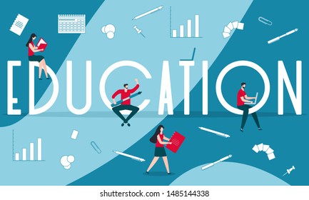 Vector illustration with inscription education, studying people, working on computer, reading books. Background for the learning landing page. Design for web page, presentation, print.