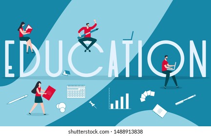 Vector illustration with inscription education, studying people, working on computer, reading books. Background for the learning landing page. Design for web page, presentation, print.