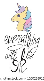 Vector illustration. Inscription everything will be ok. Good for t-shirts, prints, banners. Hand lettering, typographic element for your desing.
