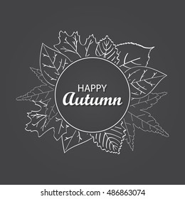 Vector an illustration with an inscription happy autumn and  hands the drawn  with leaves.Design element for a banner, leaflets, the website, the label.