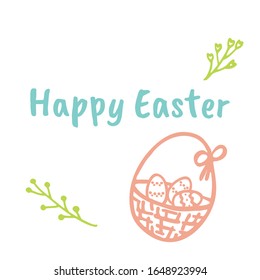 Vector illustration with inscription Happy easter in hand lettering style with easter eggs in a basket and flowers. Hand drawn poster.