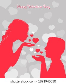 Vector illustration with an inscription. Happy Valentine Day. A loving couple surrounded by hearts.