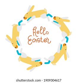 Vector illustration. The inscription Hello Easter and a frame of yellow rabbits around. For poster and congratulation..