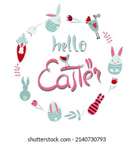 Ilustración vectorial con inscripción hola Pascua. Marco redondo con elementos de conejitos de Pascua, flores y ramas, un pollo, un pájaro cantante sobre un fondo blanco.