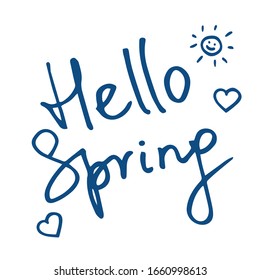 Vector illustration with inscription Hello Spring in hand lettering style with hearts. Classic blue color