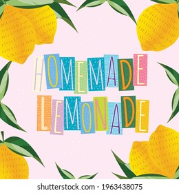 Vector illustration inscription "Homemade lemonade" with lemons and leaves. 