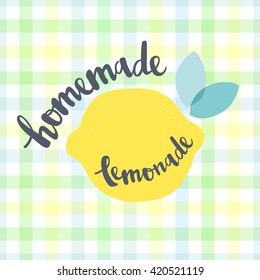 Vector illustration inscription "Homemade lemonade" with lemons and leaves. Calligraphy lettering. Cute print. Background with stripes pattern in a cage