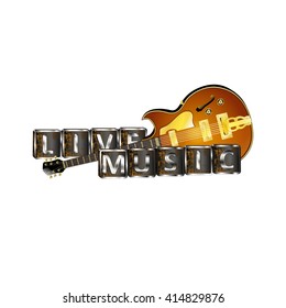 Vector illustration inscription live music in jazz guitar. Isolated objects can be used with any image or text.