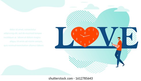 Vector illustration Inscription love, clock, heart, people. Valentine's day, wedding, Birthday, Mother's day Father's day. Love concept. Romantic background. Design for print