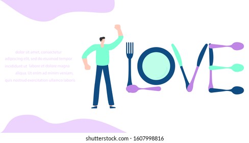 Vector illustration Inscription love from cutlery, people. Valentine's day, wedding, Birthday. Love concept. Romantic background. Design for landing page, websites, print