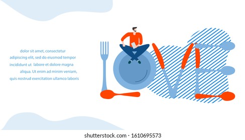Vector illustration Inscription love from cutlery, people. Valentine's day, wedding, Birthday. Love concept. Romantic background. Design for landing page, websites, print