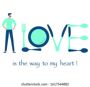 Vector illustration Inscription love from cutlery, people. Valentine's day, wedding, Birthday. Love concept. Romantic background. Design for landing page, websites, print