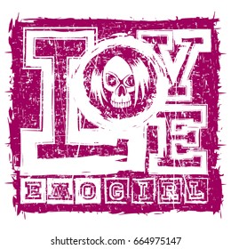 Vector illustration inscription love emo girl on purple grunge background and skull with hair. For t-shirt design.