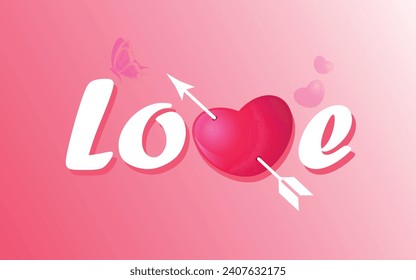 Vector illustration of the inscription "love" on a pink background background. A red heart pierced by an arrow