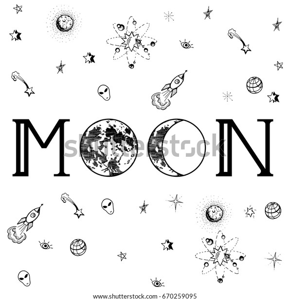 Vector illustration\
of inscription: Moon, with two moons in different phases on the\
place of O-s, surrounded with tiny space-related images in a doodle\
manner.On white.