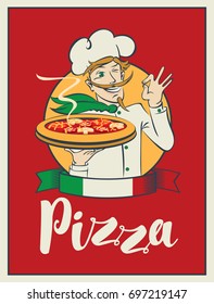 Vector illustration with the inscription Pizza and a winking chef with a pizza in hand on red background with ribbon in the colors of the Italian flag.