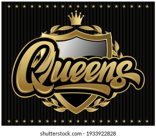 Vector illustration with inscription Qweens, heraldic shield and crown.