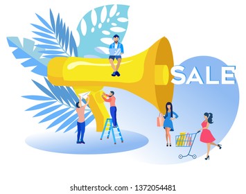 Vector Illustration Inscription Sale Cartoon. Business Plan Step by Step Guide Entrepreneur. Ability to Find way Out Unpleasant Situations, Solve Daily Problems. Man Speaks into Loudspeaker.