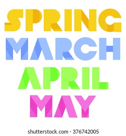 Vector illustration: inscription with spring month names made in bright colors with shadow isolated on white background in material design style