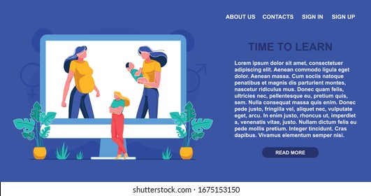 Vector Illustration Inscription Time to Learn. Woman Looks at Computer Screen as Pregnant Woman Stands next to her Mother with Baby. Effective Training for Women with Children, Slide.