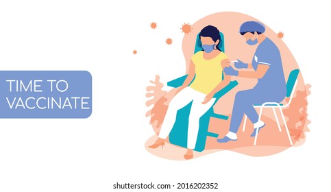 Vector illustration with the inscription Time to vaccinate. A female nurse in a blue suit, mask and gloves gives an injection to a young woman in a chair for procedures. Use as a banner on a website