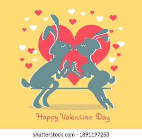 Vector illustration with an inscription. Valentine Day design. Funny silhouettes of two kissing rabbits surrounded by hearts.