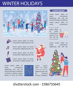 Vector Illustration Inscription Winter Holidays. Adults Stand Street near Decorated Christmas Tree and Drink Alcohol. Holiday Atmosphere City. Dad Raised Child to Decorate Christmas Tree at Home.
