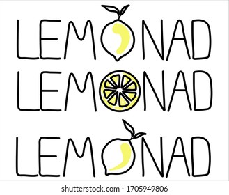 Vector illustration of the inscription of the word "lemonade" drawn with a black line with lemons. Isolated on a white background. Perfect for logo and label